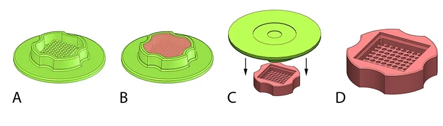 3D Petri Dish® micro-mold workflow: cast agarose, equilibrate with media, seed cells, form microtissues